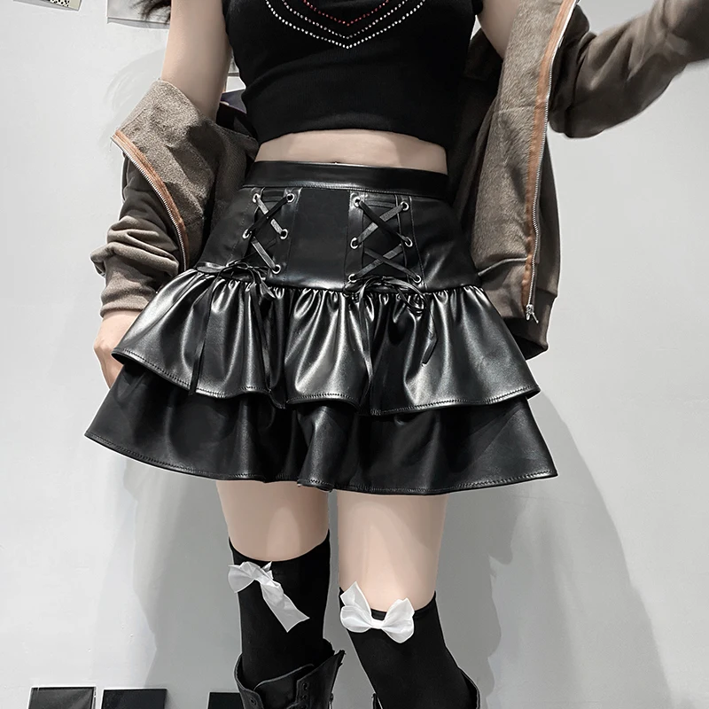 PU Leather Mini Skirts Punk Style High Waist Lace Up Bandage Black Pleated Skirt Streetwear Girls Dark Academia Clothes