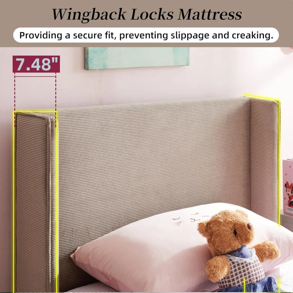 إطار سرير بمنصة منجدة بحجم كينج مع لوح رأسي حديث مجنح، إطار سرير سروال قصير مع مساحة تخزين سفلية، شرائح خشبية #5