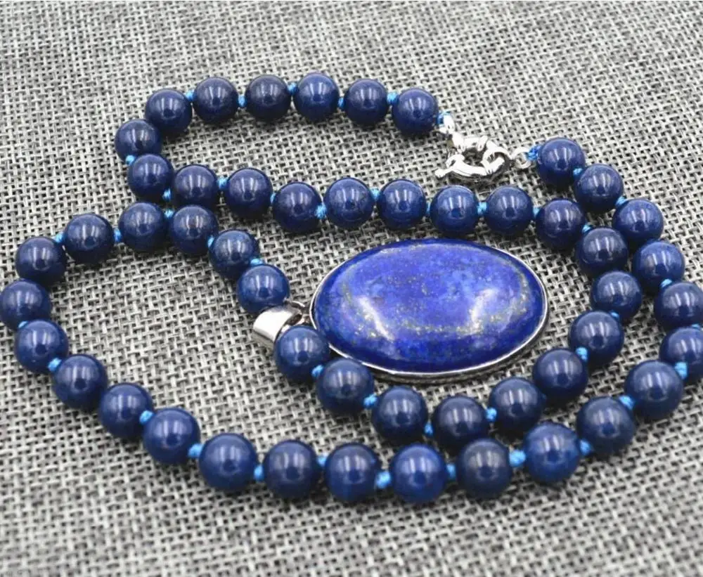 

Jewelry New 10mm Blue Egyptian Lapis Lazuli Beads Oval Pendant Necklace 18"