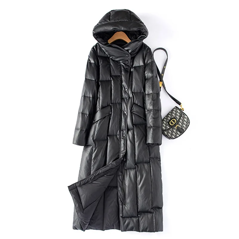 Neue Frauen Leder Unten Mantel Mode Mit Kapuze Lange Hülse Lose Dicken Mantel Casual Warme Daunen Mantel Split Leder