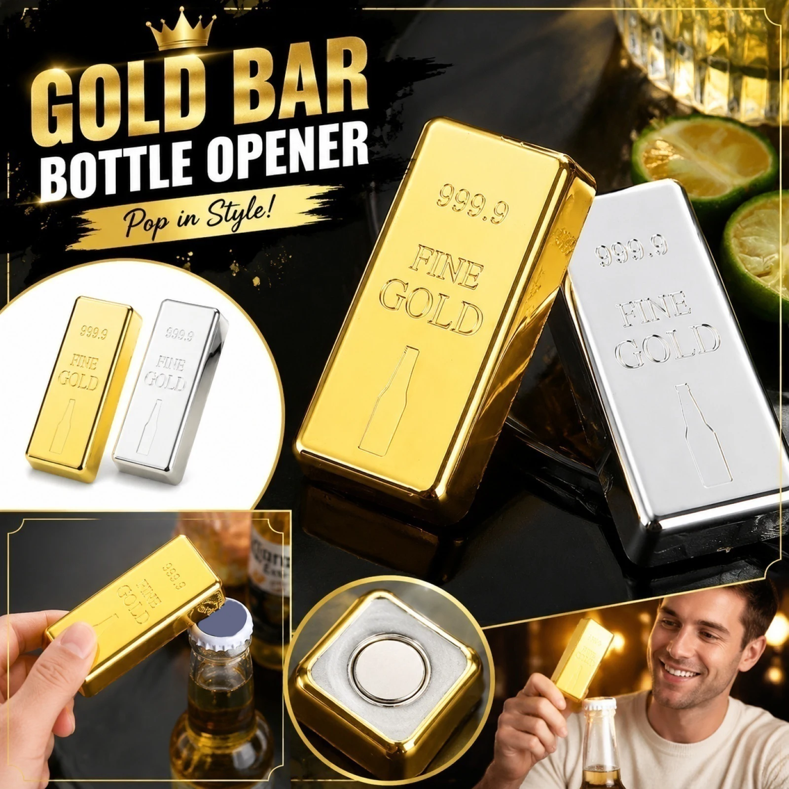Magnetic Gold Bottle Opener Simulation Gold Brick Beer Bottle Opener Creative Fridge Magnet Gift Party Decoration