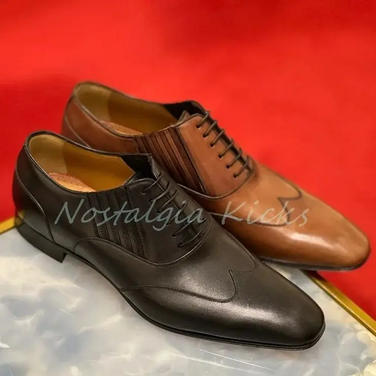 

Men's Brown Cow Leather Office Oxford Shoes Lace Up Elegant Stitching Formal Business Dress Shoes New Comfort Walking Footwear