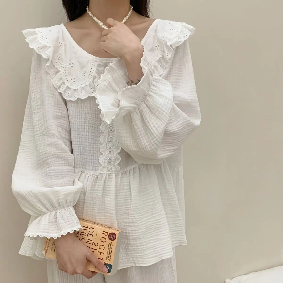 

Spring Autumn Cotton Gauze Pajamas for Women Sweet White Trouser Suits Sleepwear Palace Style Doll Collar Homewear Lounge Wear