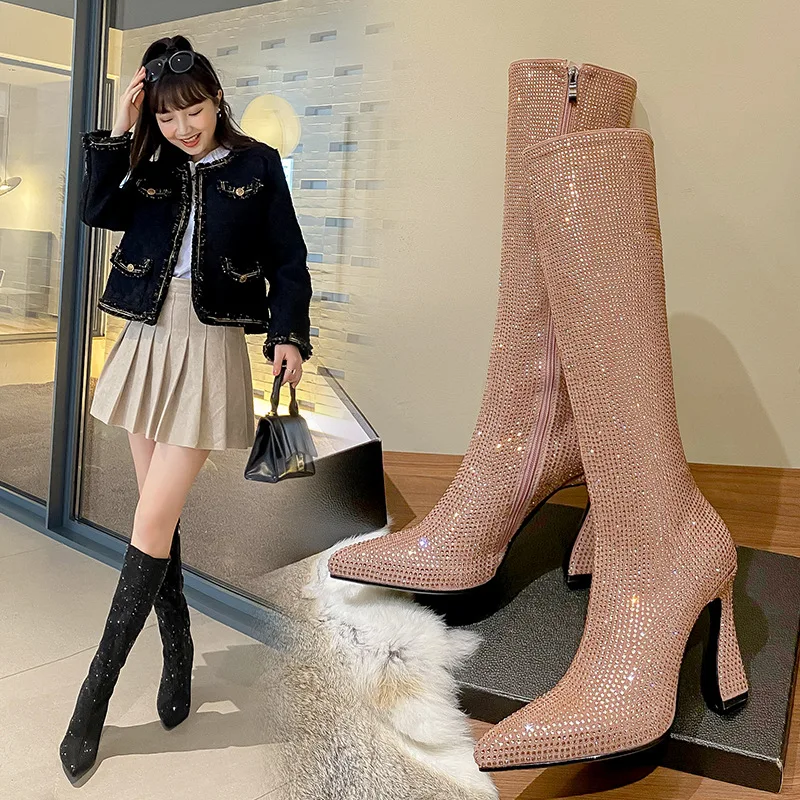 Botas De tacón De herradura puntiagudas hasta la rodilla con diamantes De imitación, De talla grande Botines altos, Botas femeninas con cremallera lateral sin cordones