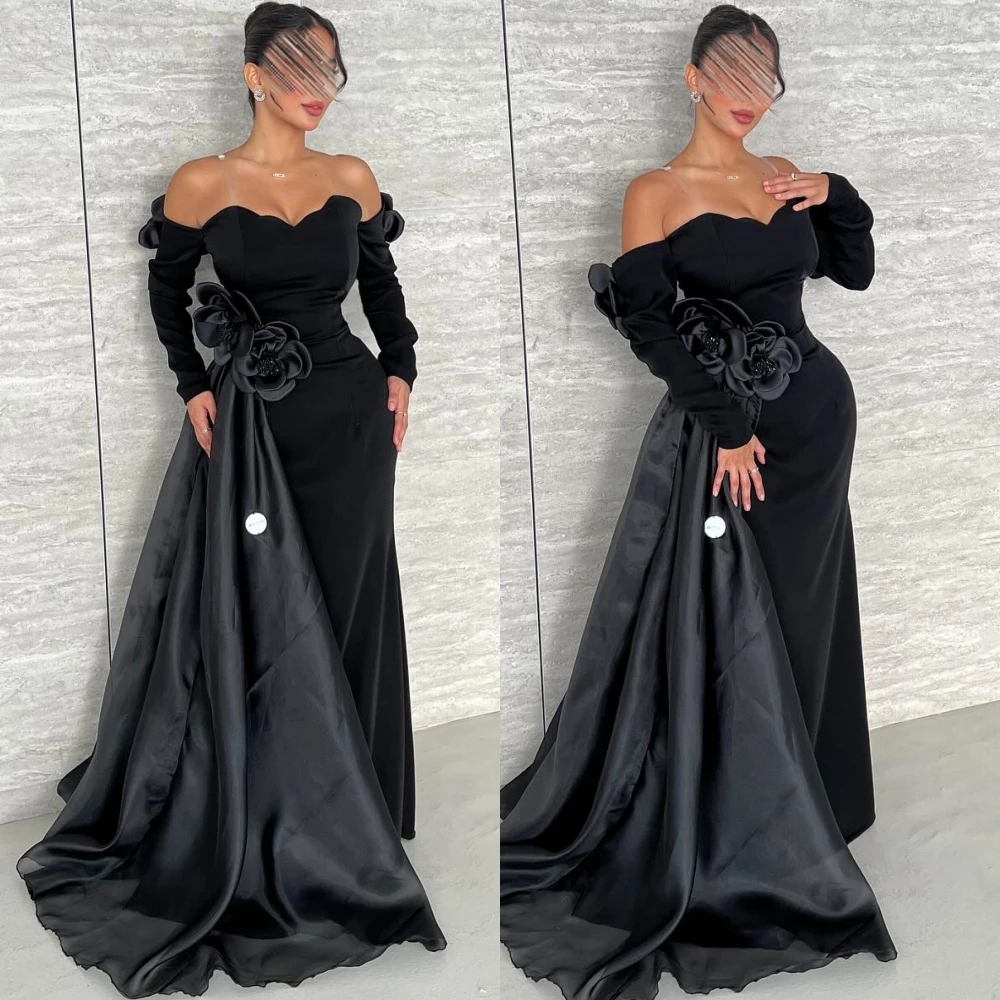 Customized Sexy Jersey Boat Neck Evening Dress Simple Mermaid Prom Dresses Sparkly Court Train Flowers Special Occasion Gowns