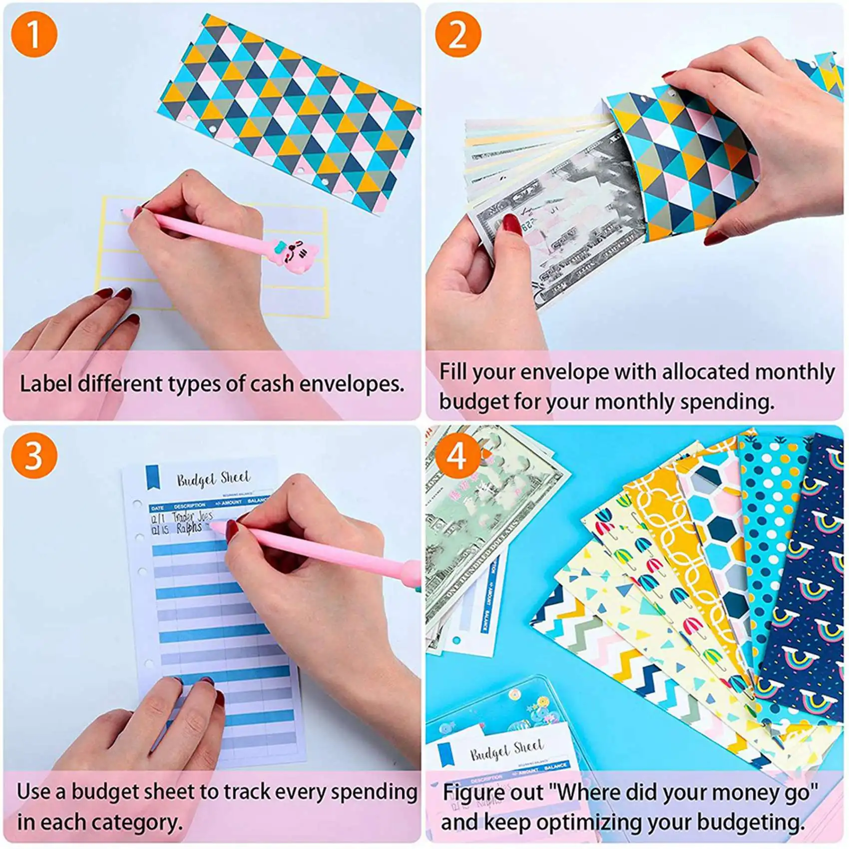 48 Pieces Budget Envelopes A6 Binder Pockets For Cash Envelope System,Budget Planner,Cash Envelope Wallet With Stickers