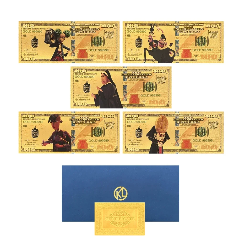 5 Designs Wendell and Wild One Hundred US Dollar Gold Banknote for Great Kids Gift Collection