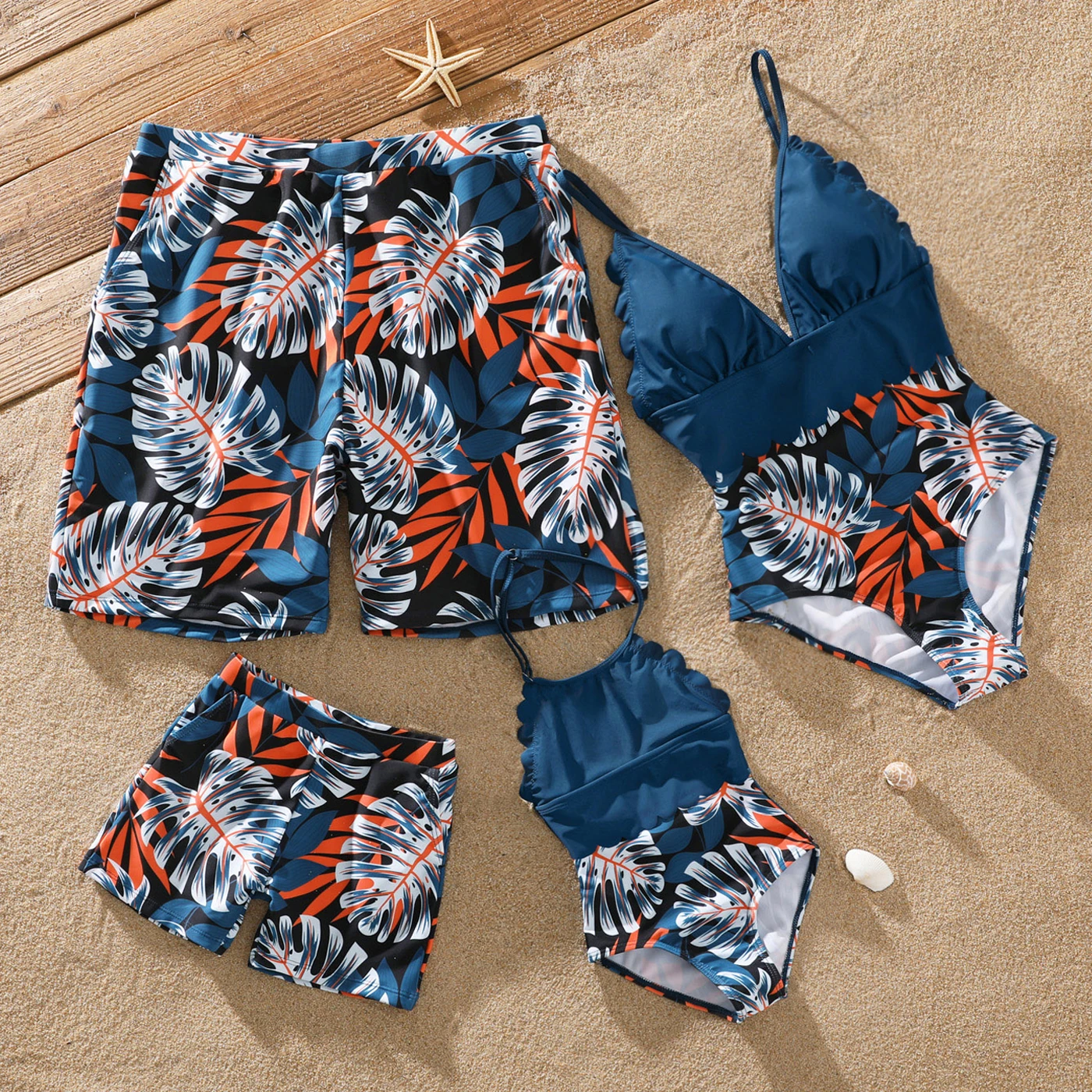 PatPat Family Matching Swimsuit Solid Splicing Palm Leaf Print Spaghetti Strap One-Piece Swimsuit and Swim Trunks Shorts