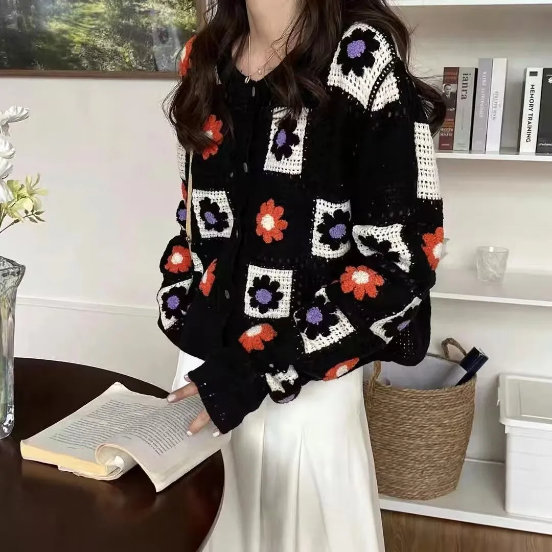 REALEFT Spring Summer Vintage Embrodiery Women\'s Cardigan Single Breasted Bohemiam Hollow Out Outwear Casual Korean Tops Female