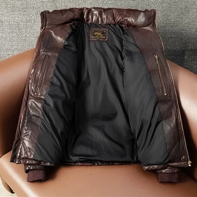 Real Sheepskin Leather Jacket Men\'s Sheep Genuine Leather Thickened Down Warm Jacket For Men Brown Casual Winter Coats