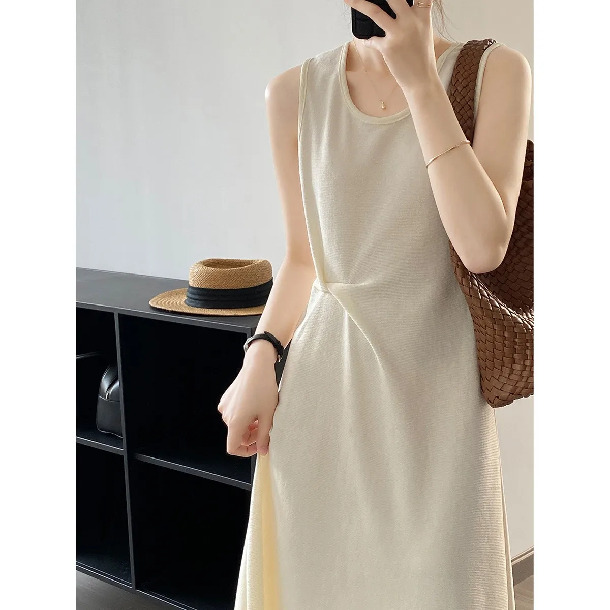 Yanuang Knot Svel Midi Dr U-Ne Color Summer New Design Casual Loose Waist Polyester Cotton Blend Dr