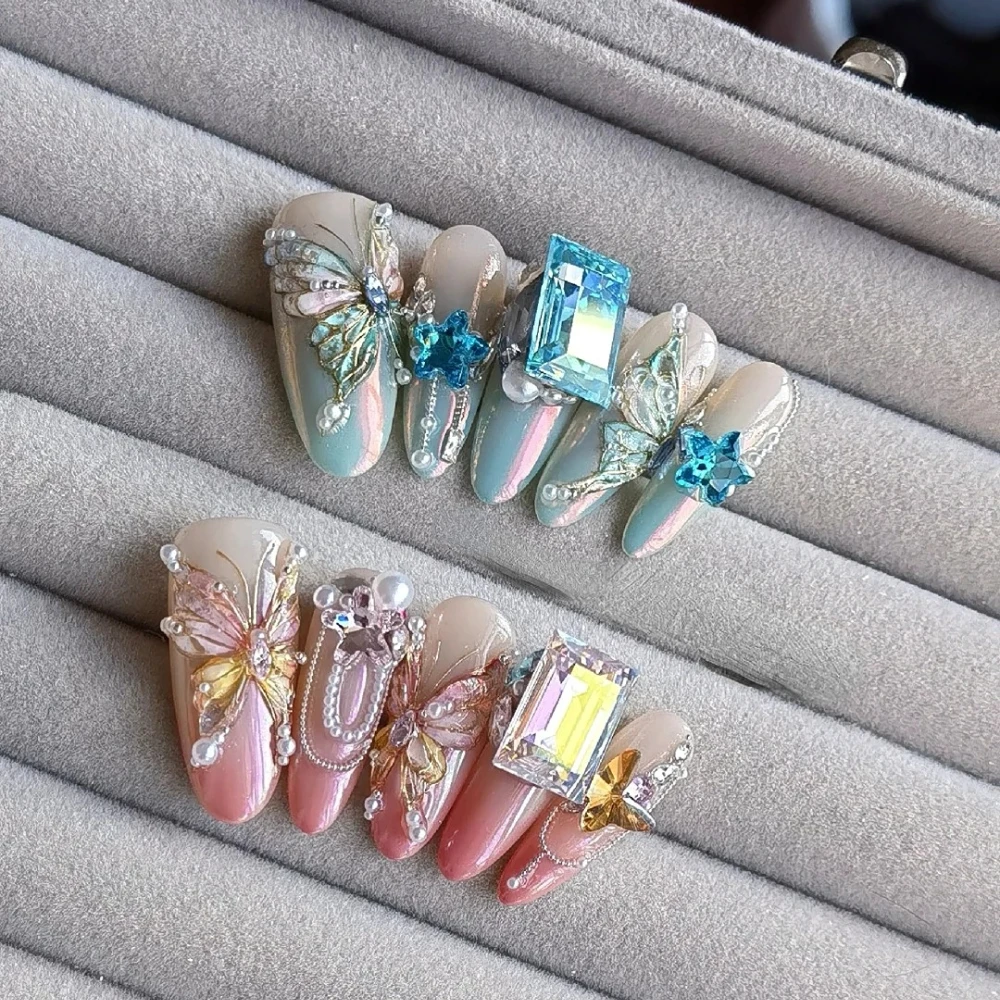 

10Pcs Handmade Press On Nails Manicure Long Coffin Pink Fake Nails Christmas & New Year Limited 3D Luxury Nails Design with Set