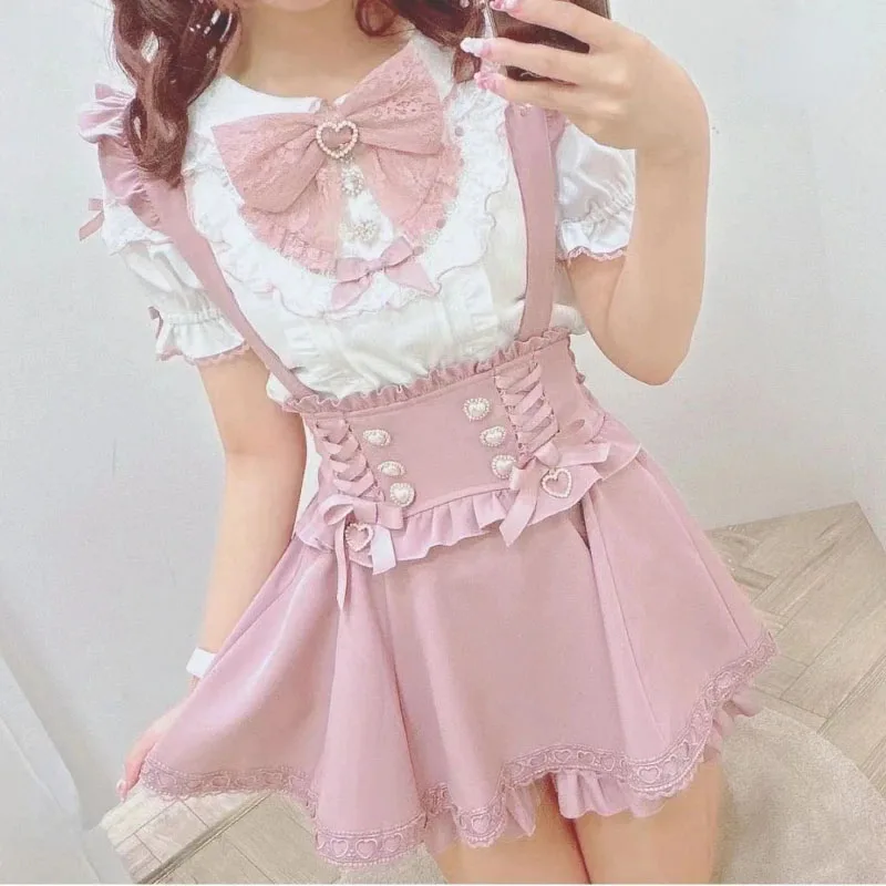 Japanese Gothic Lolita Ribbon Bow Diamond Pearl Buckle Removable Short Suspender Skirt Girls Sweet Cute Lace A-Line Mini Skirts