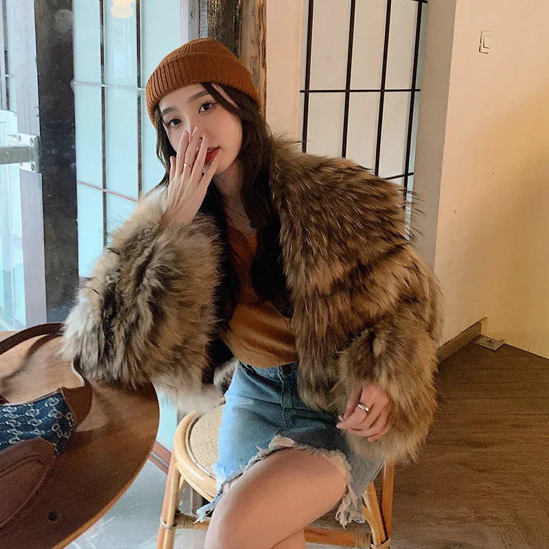 Natural Raccoon Fur Spokes Real Fur Coat Winter Women\'s Short Large Lapel European and American Style Short 2022 Street Hipster