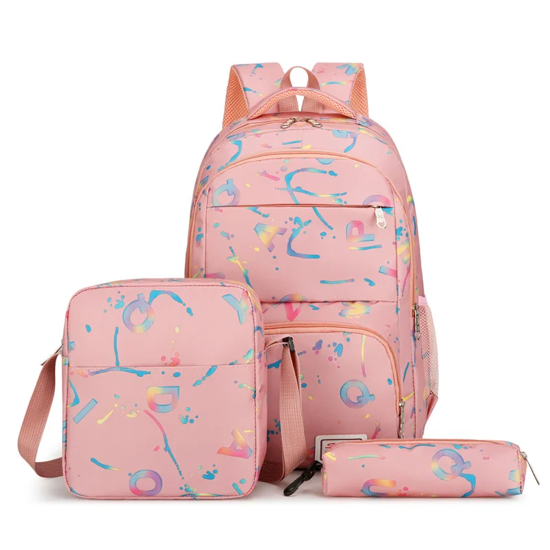 Fashion 3 Pieces School Bag Set Colorful Graffiti Letter Print Backpack + Shoulder Bag + Pencil Case For Teen Girls Daily Use