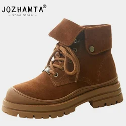 JOZHAMTA Size 35-40 Ankle Boots For Women Suede Real Leather Fold Over Lace-Up Thick Heels Short Booties 2025 Casual Daily Dress