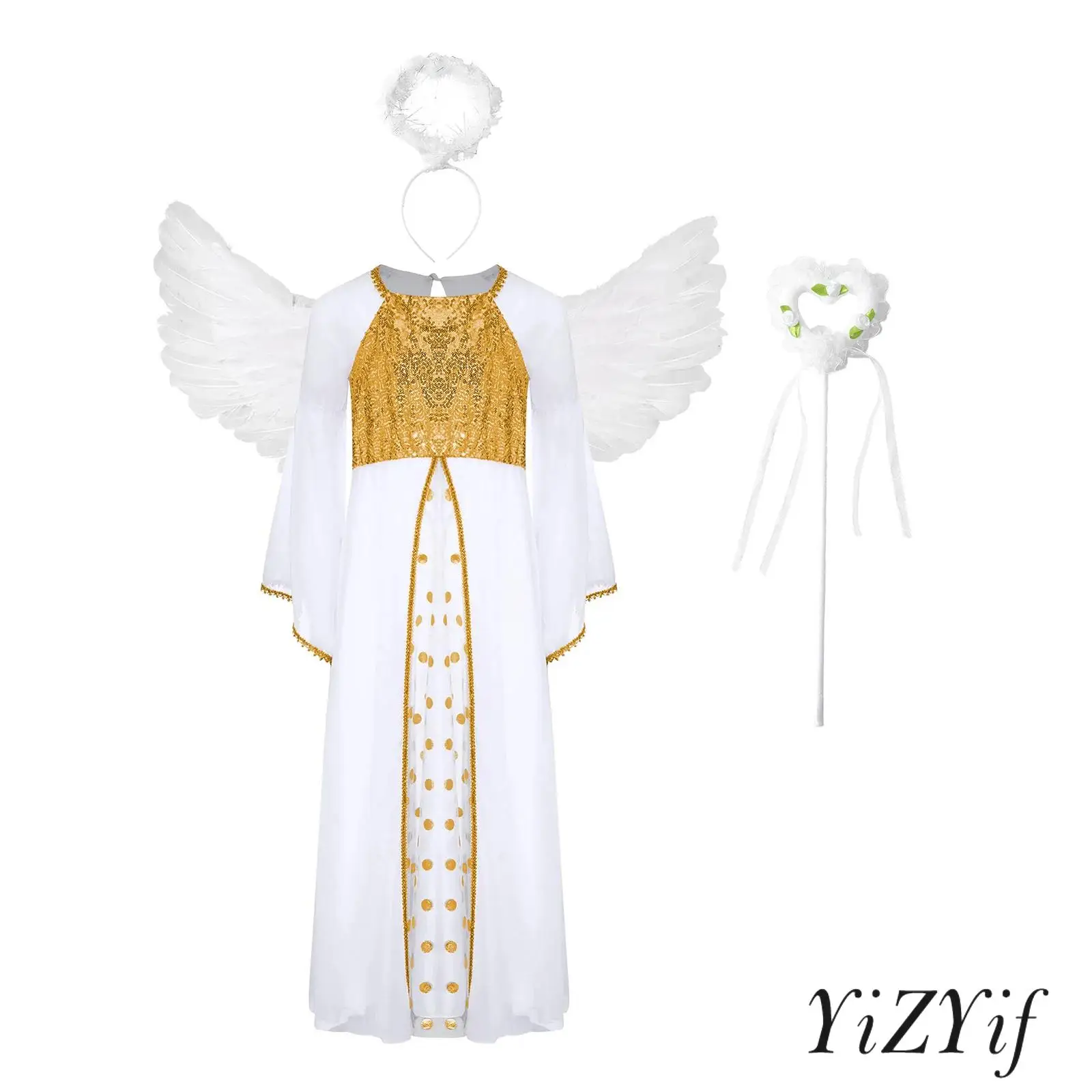 

Girls Angel 4Pcs Costume Sequins Gold Webbing Long Gown Angel Long Dress Feather Headband And Fairy Sticks Feather Angel Wings