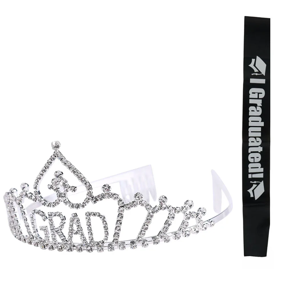 

1Set Graduation Etiquette Belt Satin Sash Set Alloy Crystal Crown Graduation Celebration Party Supplies Etiquette Belt