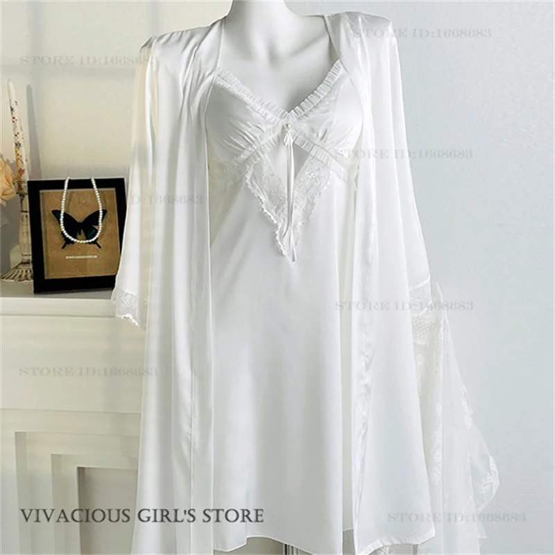 Spring Summer New Sleepwear Homewear Silky Satin Loungewear Hollow Out Lace Lingerie Nightdress Sexy Nighty&Robe Set Nightgown