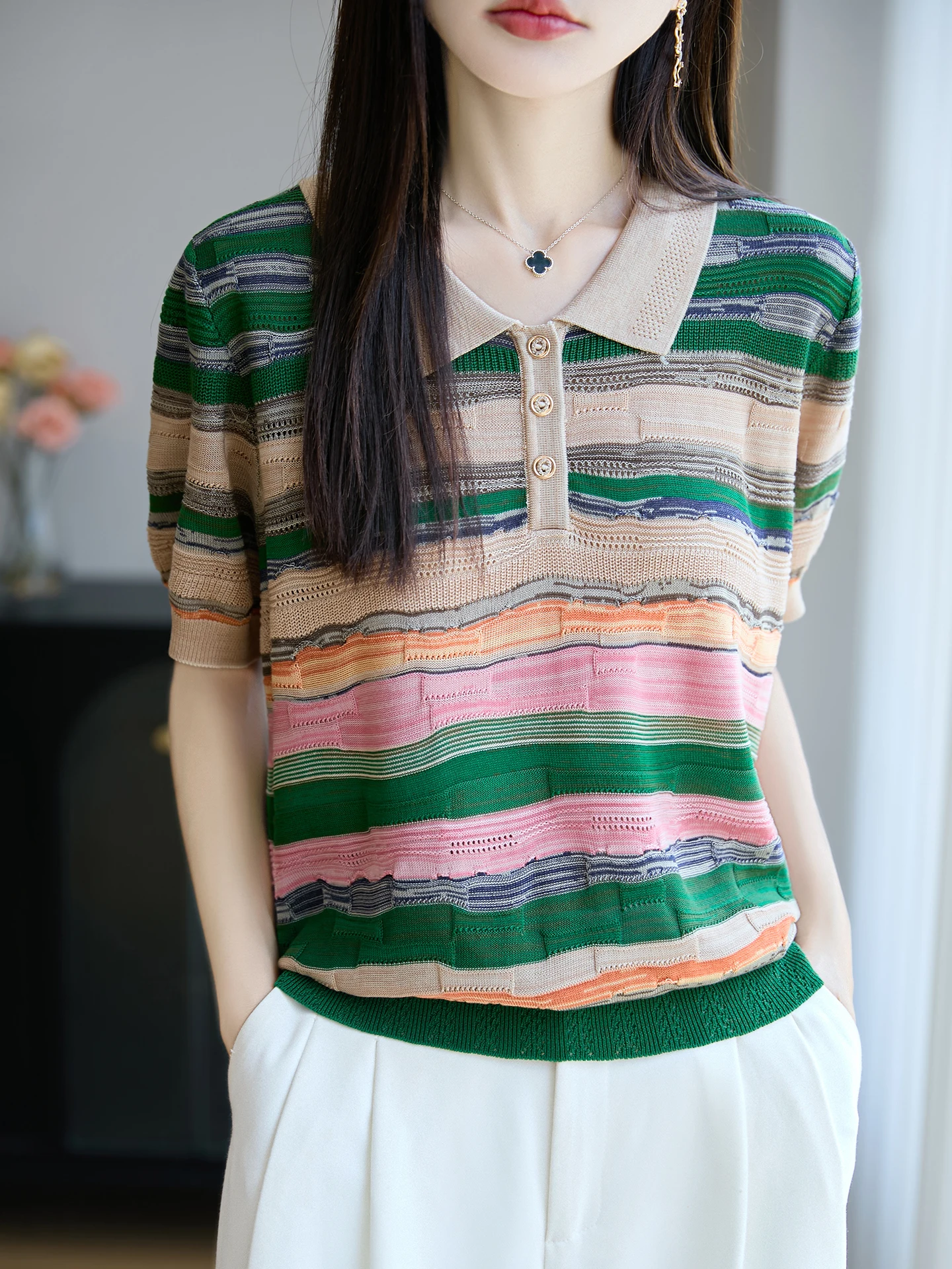

Summer 2025 Faionable Women's Loose Fit ort Sve Knitwear Collar Striped Slimming Top Trendy Flng Sve irt