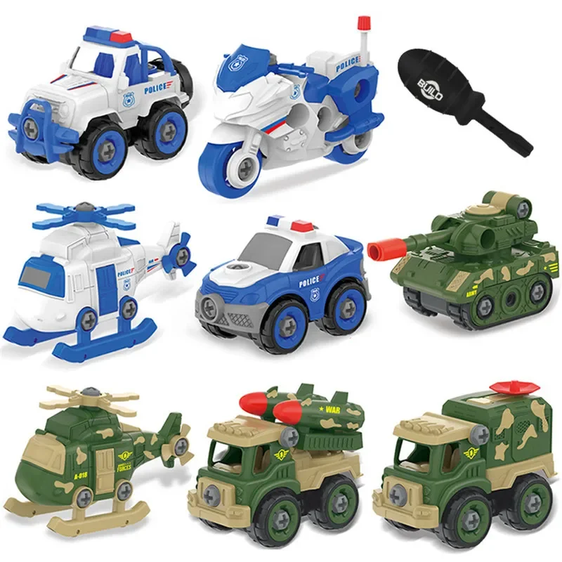 Carro de engenharia de montagem infantil, conjunto de brinquedos destacáveis, motocicleta, tanque militar, menino para brinquedos, blocos de enroscar