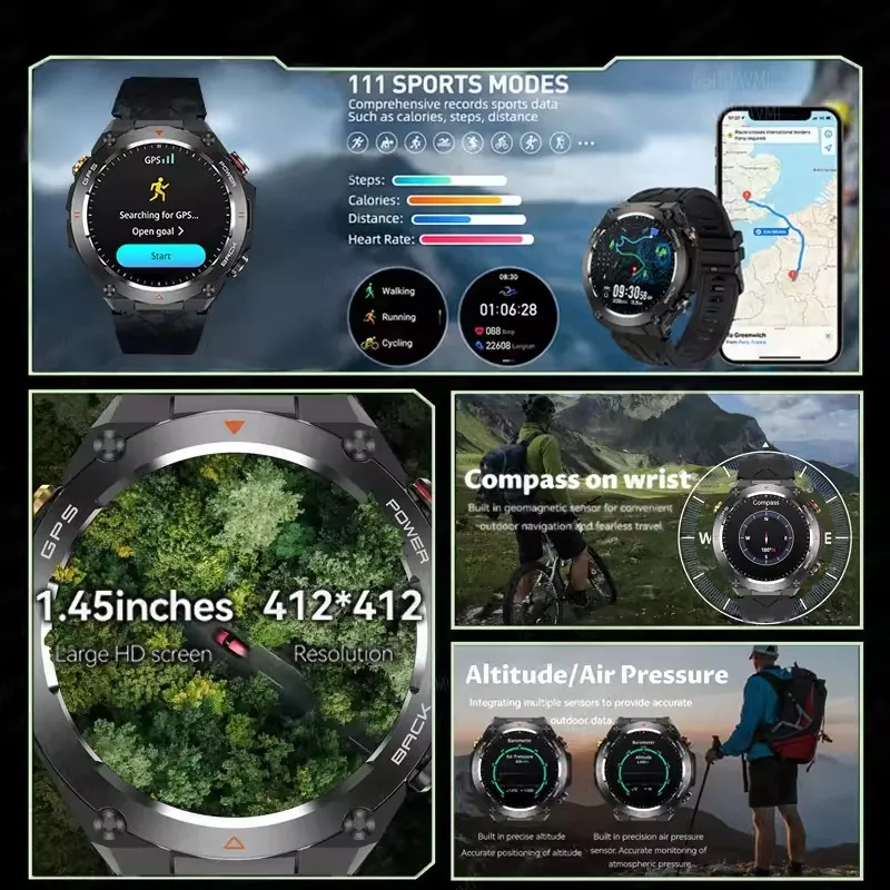 New Outdoor Sport GPS Smart Watch For Men Two-way Bluetooth call Compass 3ATM Waterproof Health Smartwatches Women Android IOS