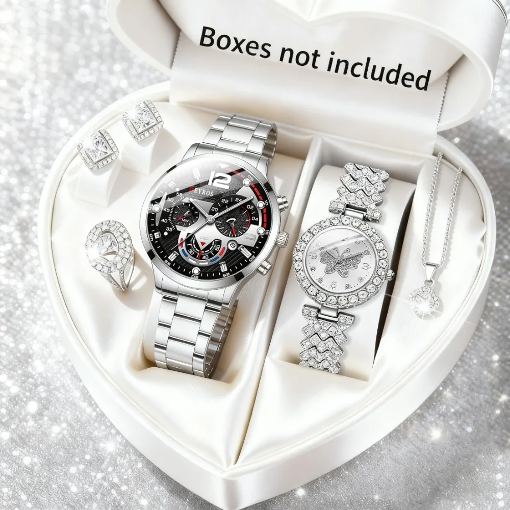 Fashion Couple Watches 6pcs Set, Luxury Women's Quartz Watch & Jewelry Set Ladies Necklaces, Rings, Earrings, Elegant Watches view 2