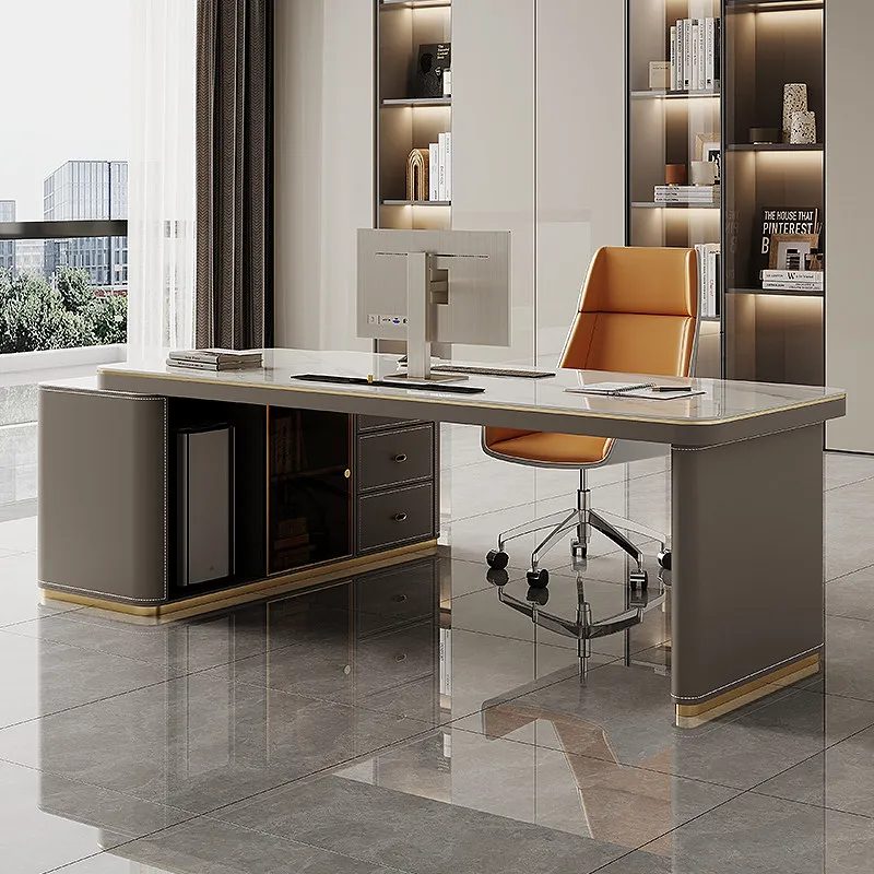 Minimalist Large Surface Corner Office Desk Sintered Stone Top with Gold Trim Leather Cabinet Base Multi-Function Home Table