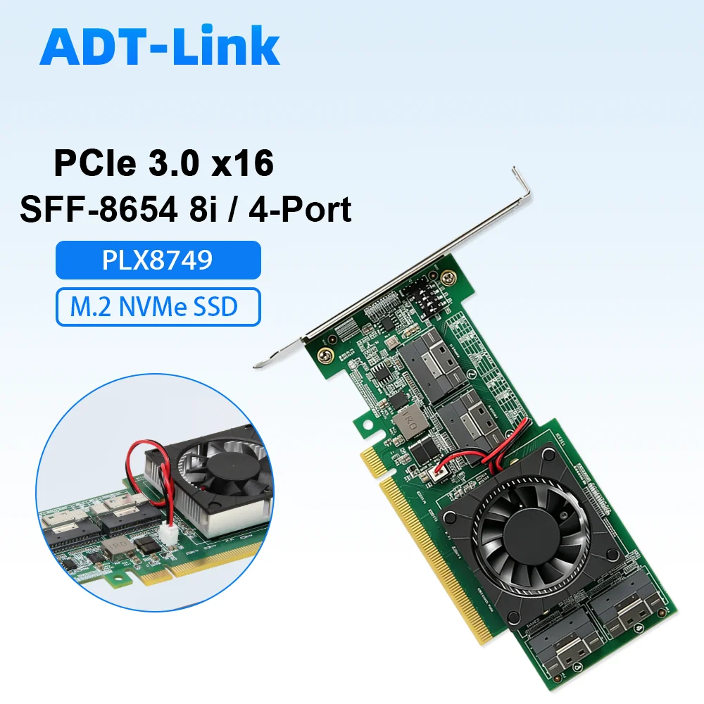 ADT-Link PCIe 3.0 x16 Expansion Card PLX8749 Split-Free 4-Port SFF-8654 8i Adapter for M.2 NVMe U.2 SSD Graphics Cardacity