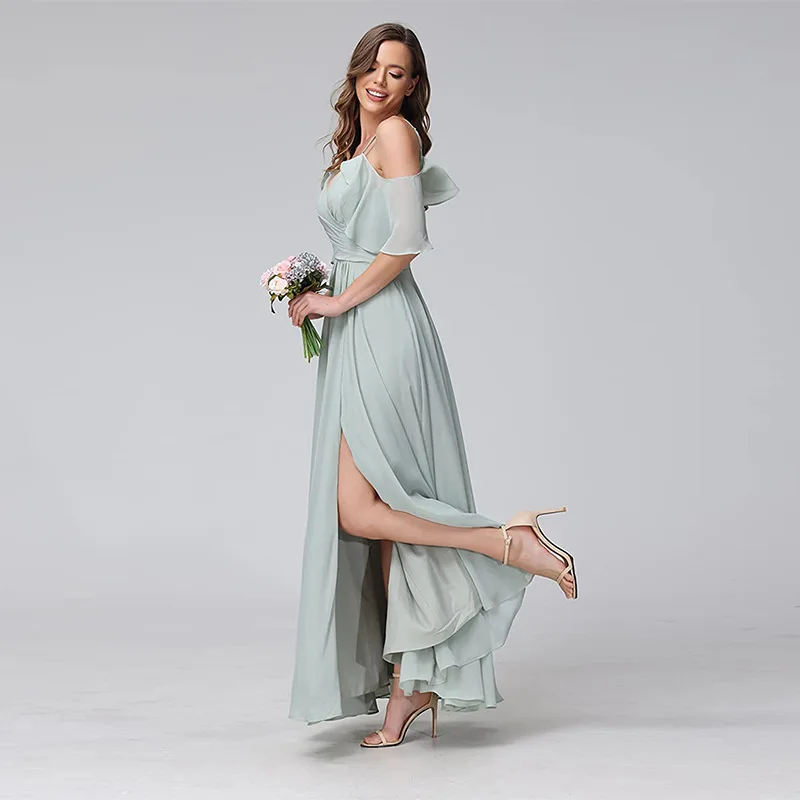 CloverBridal Cold Shoulder Summer Junior Bridesmaid Dresses Corset Back Floor Length A-line High Slit Wedding Party Gown WB9819