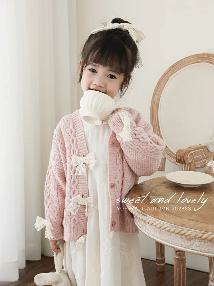 Girls' Sweaters Spring Autumn Lace Bow Knot Knitted Cardigan Children's Vintage Coat