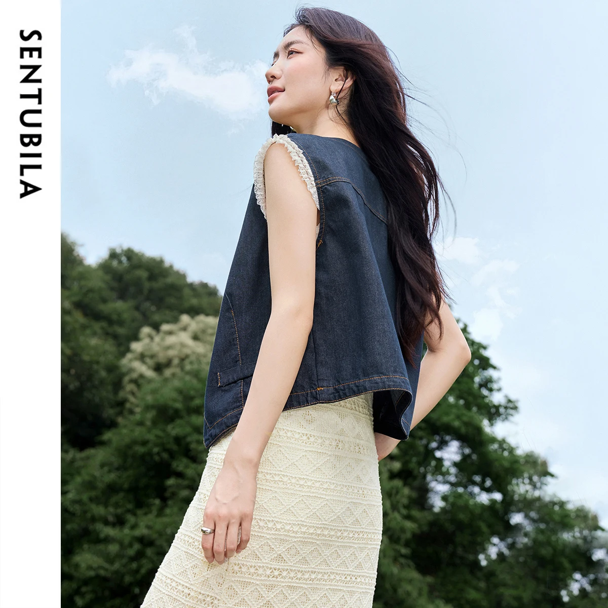 SENTUBILA Denim Jackets Sleeveless Vest Spliced Lace Coats Single Breasted Women's Clothing W52JC1839