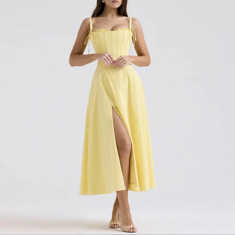 

SS25 Элегантный комплект из двух предметов, женский корсет на шнуровке, топ с солнечной желтой без бретелек, курортное платье