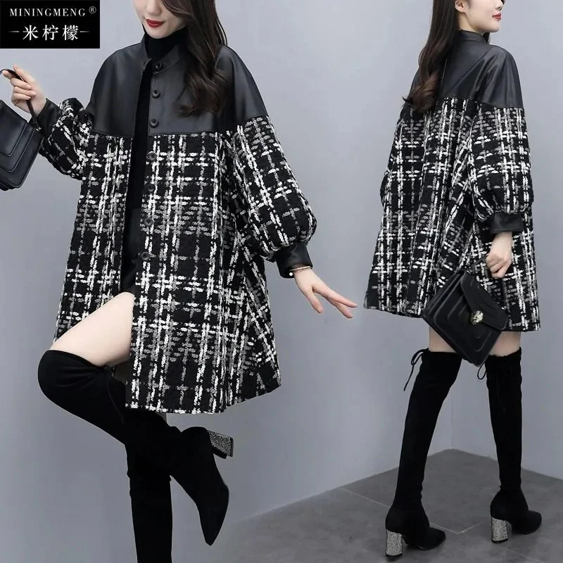 2023 Autumn/Winter New Korean Version Loose Baidu Spliced Tweed Mid length Coat Black Plaid Coat Women's Commuter Splice Pocket