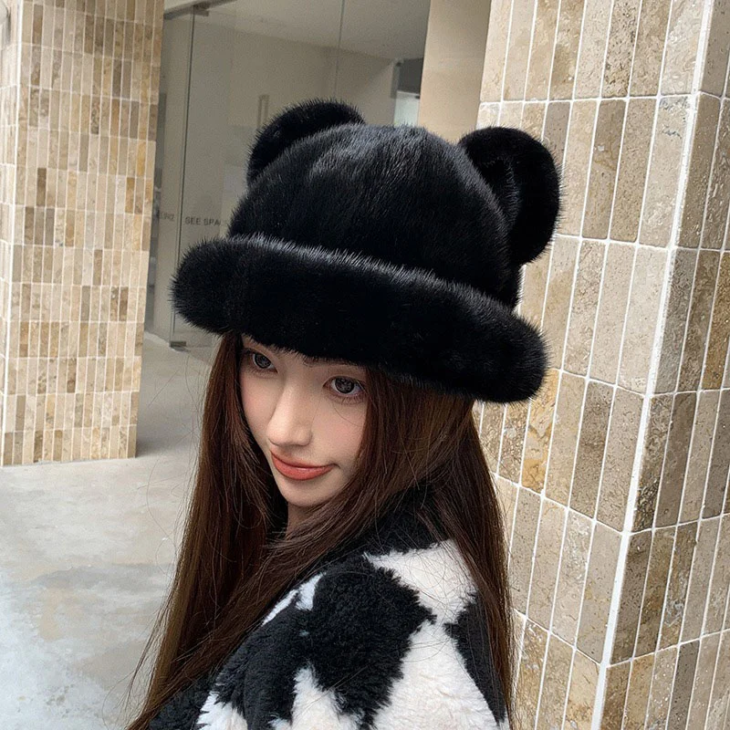 New Women's Winter Warm Mink Hair Hat Real Fur Casual Korean Top Hat Thickened Stylish Outdoor Elegant Fisherman Hat 2023