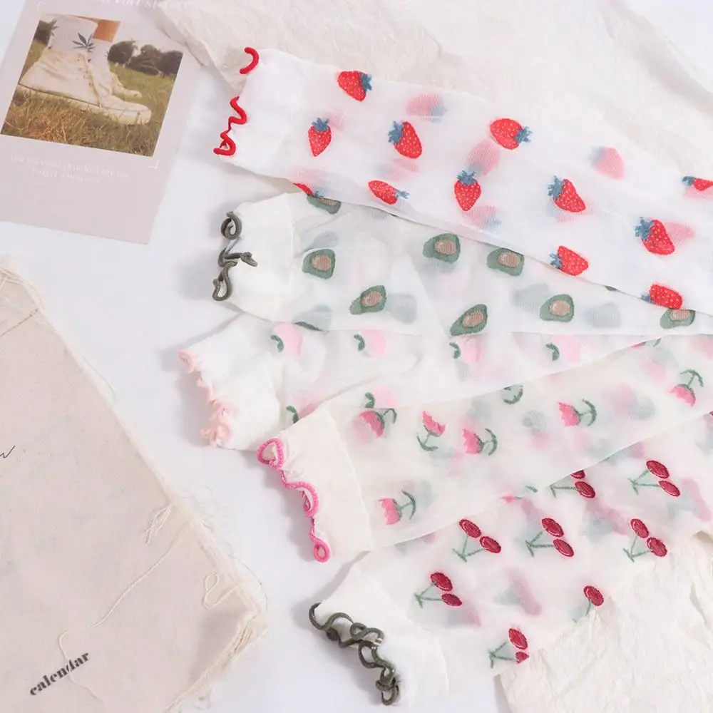 Peach Strawberry Glass Silk Ruffle Socks Cherry Avocado Transparent Flower Ruffle Socks Ins Korean
