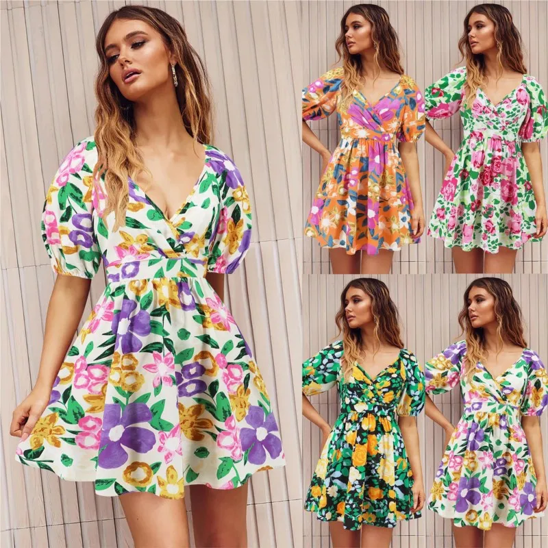 

Women's Dress 2024 Summer New V-neck Printed Beach Dress Fashion Lantern Sleeve Short Dress Vestidos Verano