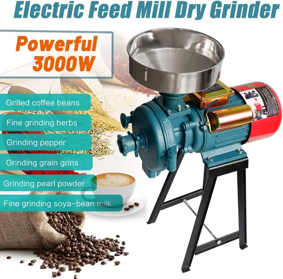 Electric Grain Mill Grinder Corn Grinder, 110V 3000W Commercial Corn Mill Grinder Machine Feed Mill Wheat Grinder