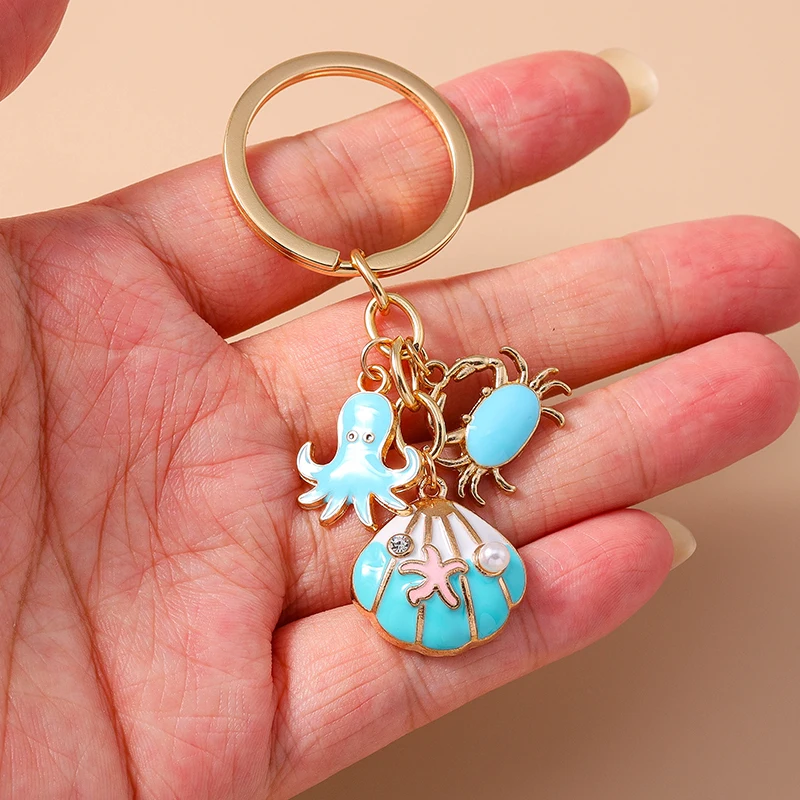 Cute Marine Life Keychain Enamel Shell Octopus Crab Key Rings for Women Men Handbag Pendant Key Chains DIY Jewelry Accessories