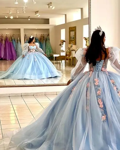 Céu azul quinceanera vestido de manga longa rendas miçangas vestido de baile noiva robe querida pescoço vestido personalizado vestidos de novia