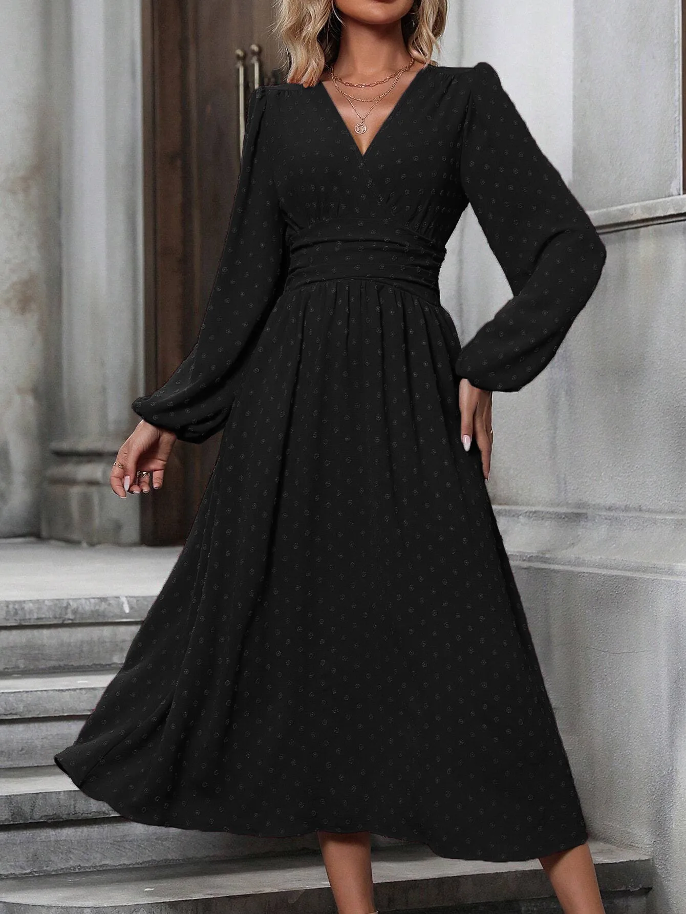 Pullover a Line Dress High Waist Elegant and Refined with Commuter Chic Long Sleeve Lantern Sleeve V Neck Autumn Women Dress