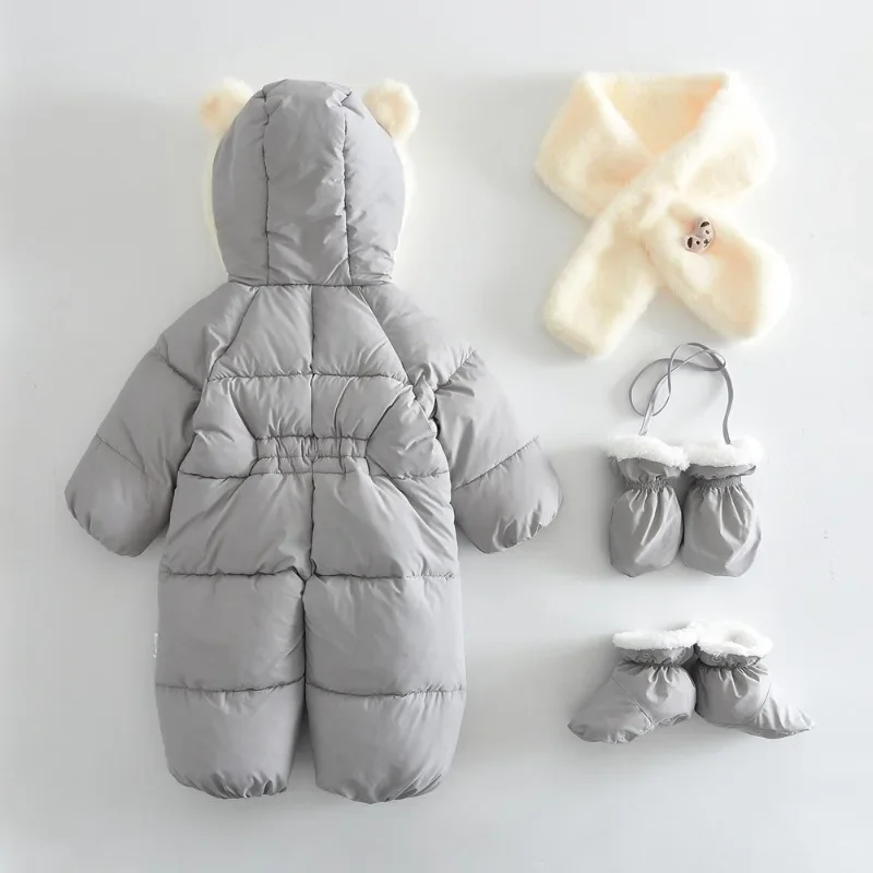 4-teiliges Set BELLBELL Winter-Strampler für Neugeborene Mädchen + Schal + Handschuhe + Schuhe, Outfit mit Kapuze, Plus Samt, warm, für Säuglinge, Babys, Mädchen, Jumpsuits – Detail 3