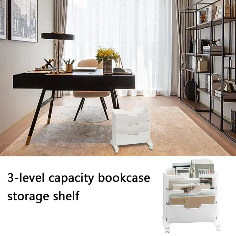 Rolling File Cart For Under Desk Snack Storage Rack 3-Layered Flexible Access Bookcase For Apartment Dormitory Narrow Space