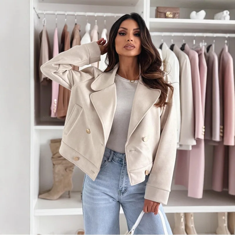 

2025 New Women Clothing European and American Slim-fit Lapel Buttons Deerskin Fleece Solid Color Short Jacket Coat Women