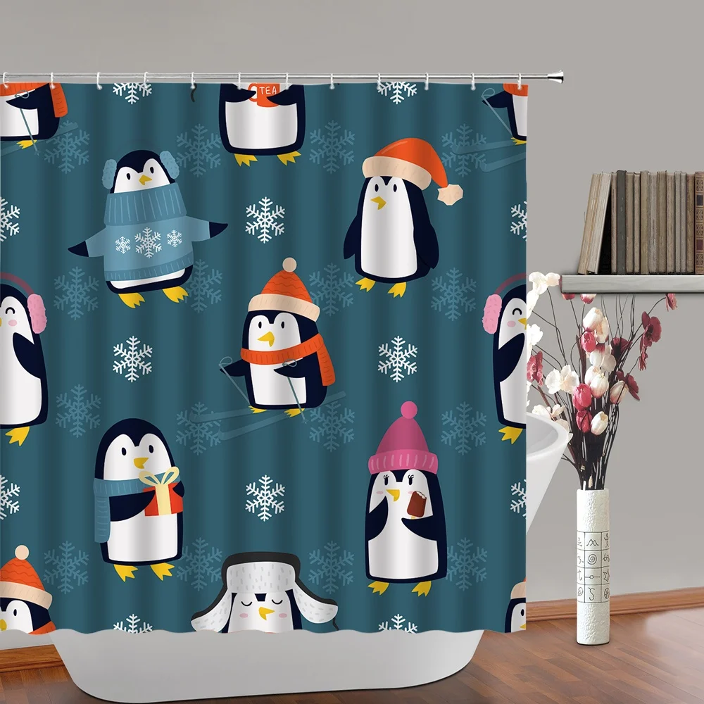 Rideau de douche en tissu Polyester, motif pingouin, imperméable, lavable, flocon de neige, Animal mignon, décoration de salle de bain, hiver