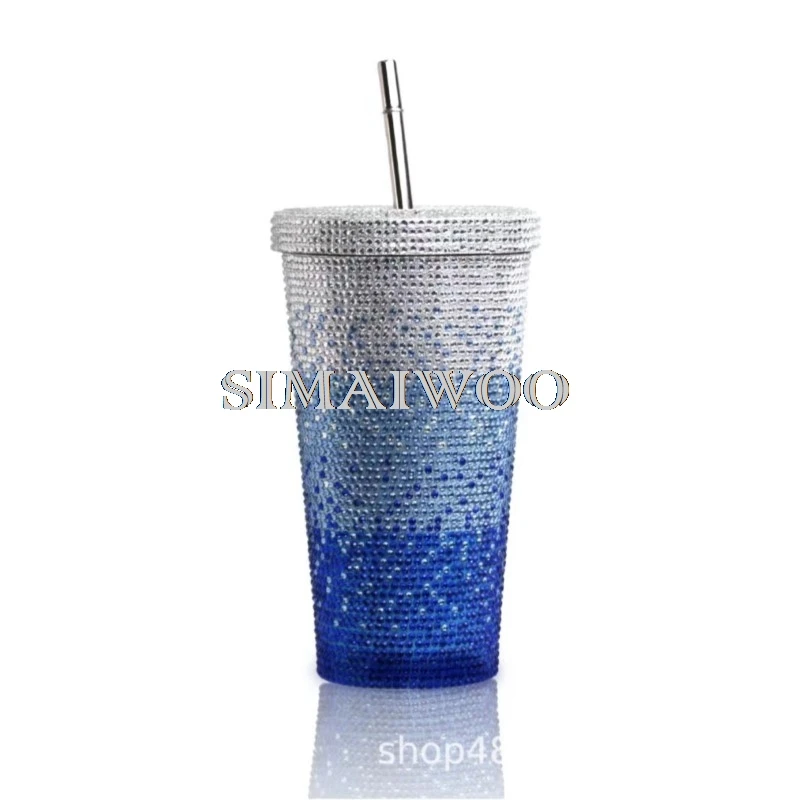 Gradient Glass Rhinestone Straw Cup Handcraft Art Diamond Painting Sunflower Designer Cup Mosaic Rhinestone Girl Birthday Gift