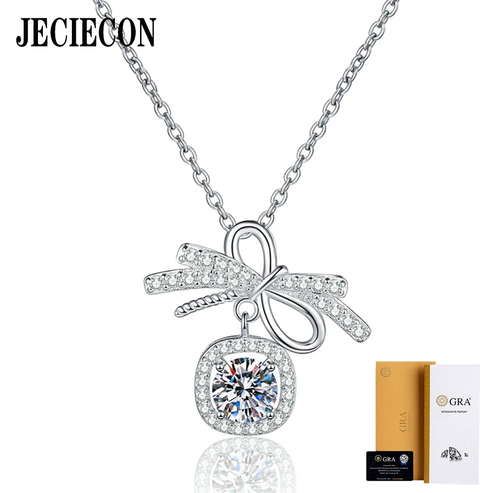 

JECIRCON S925 Sterling Silver Diamond Necklace1ct Moissanite Light Luxury Bow Pendant European and American Trend Clavicle Chain