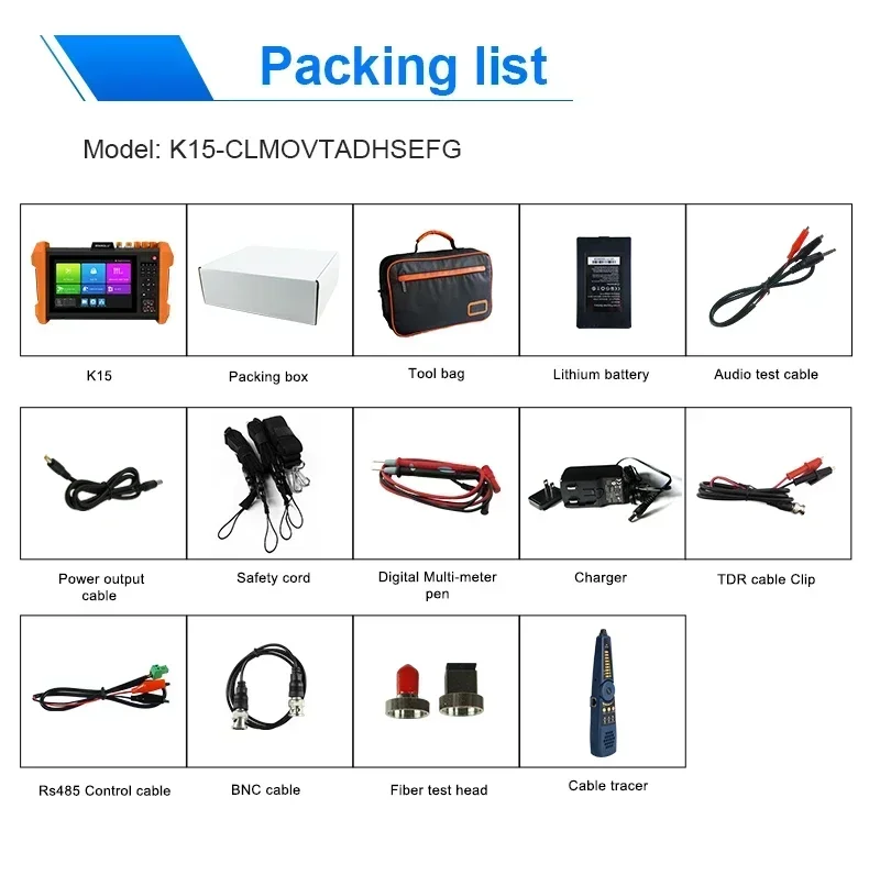 K15 جهاز اختبار احترافي متعدد الوظائف 7 بوصة IPS شاشة تعمل باللمس جهاز اختبار CCTV SFP وحدة بصرية AHD/CVI/TVI/SDI/HDMI/VGA المدخلات