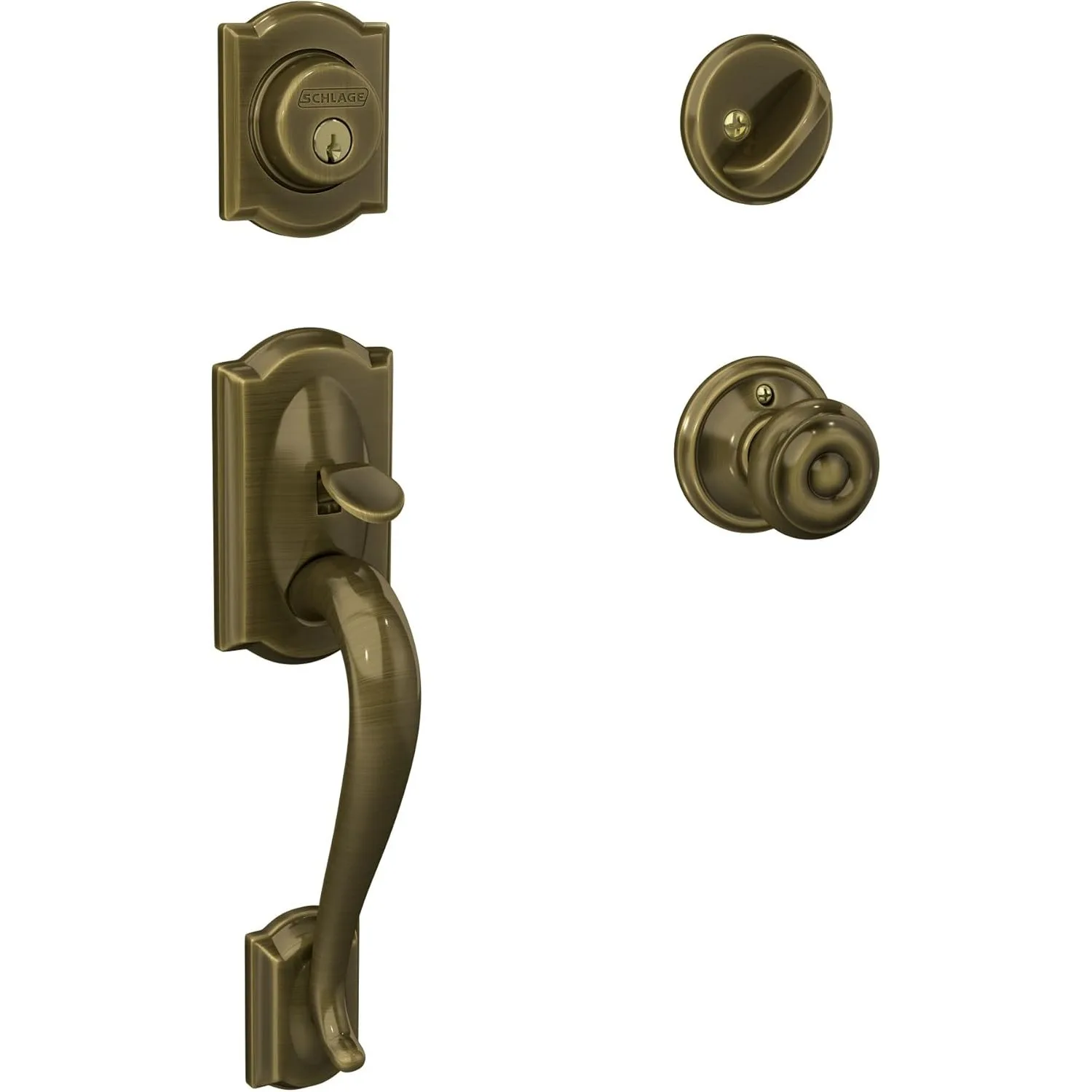 

F60 V CAM 609 GEO Camelot Front Entry Handlet Geian Knob, Deadbolt Keyed 1 Side, Antique Brass