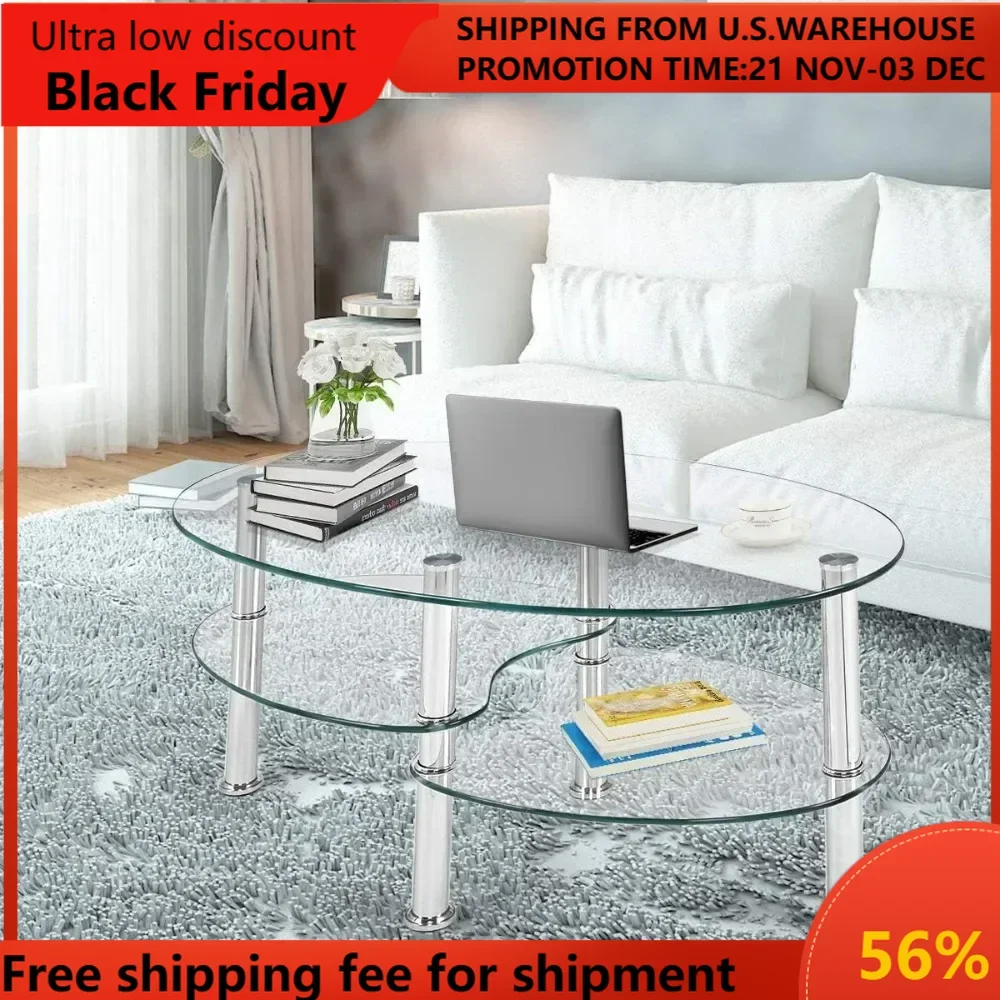 Glass Coffee Table, Modern Style Glass Shelves with Steel Legs for Living Room, Cocktail Tea Table (Clear Glass)